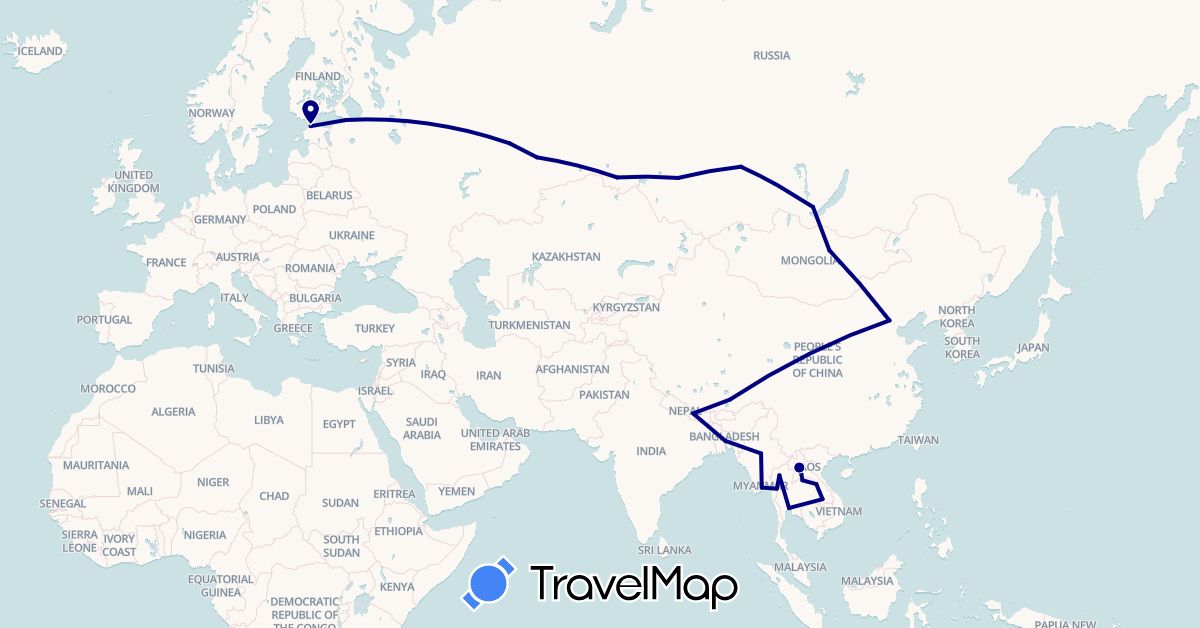 TravelMap itinerary: driving in Bangladesh, China, Estonia, Laos, Myanmar (Burma), Mongolia, Nepal, Russia, Thailand (Asia, Europe)